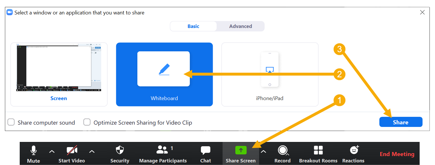 Screenshot of Zoom interface with arrows pointing at how to begin screen sharing the whiteboard option.