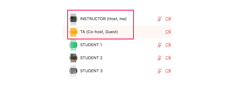 Screenshot of the Zoom interface highlighting which participants are host & co-host