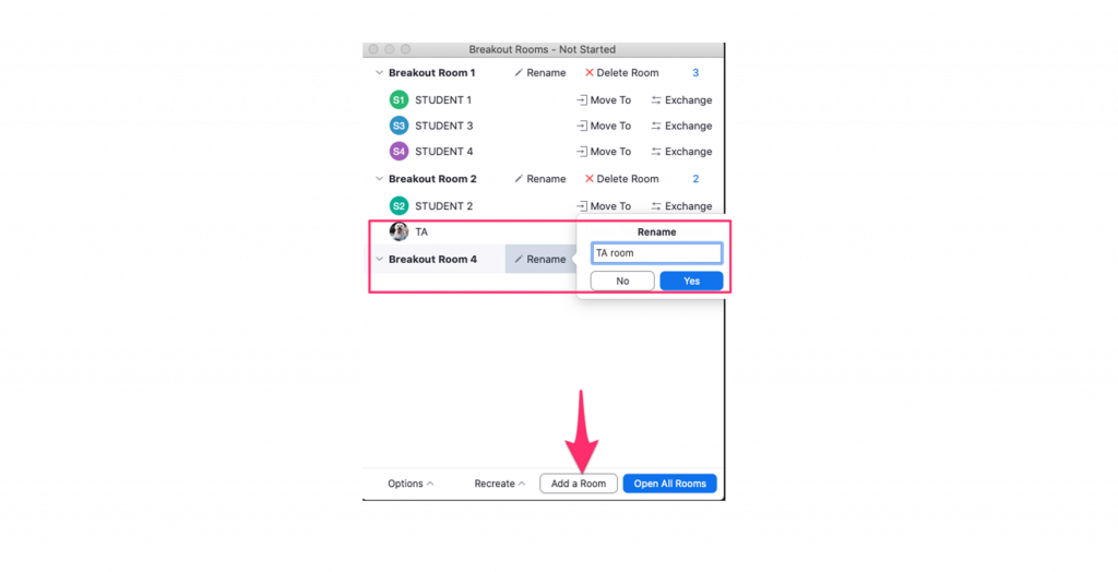 Screenshot of the Zoom interface showing how to Add a room