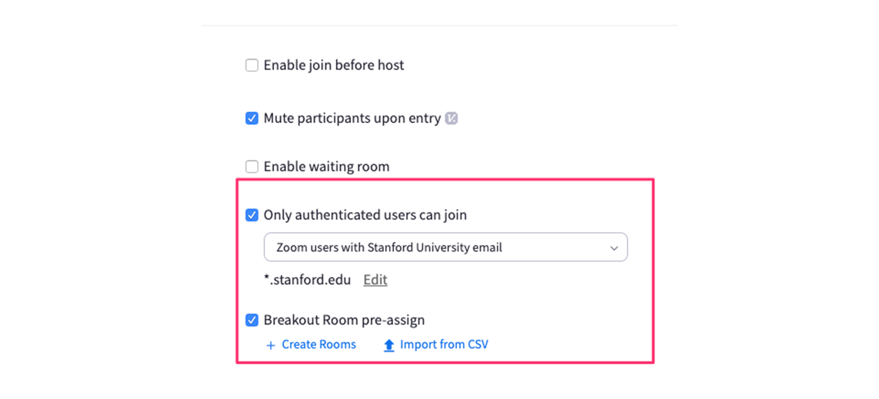 Screenshot of the Zoom website with the options for 'Only Authenticated users can Join' and "Breakout rooms pre-assign" highlighted.