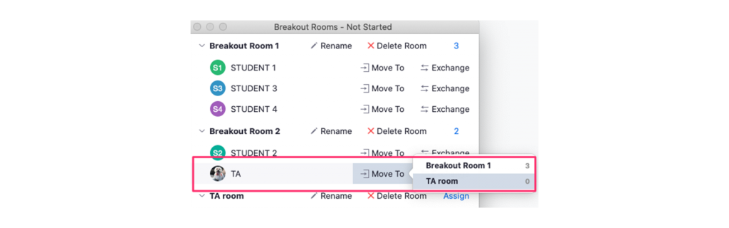 Screenshot of the Zoom interface showing how to move a participant to a specific breakout room