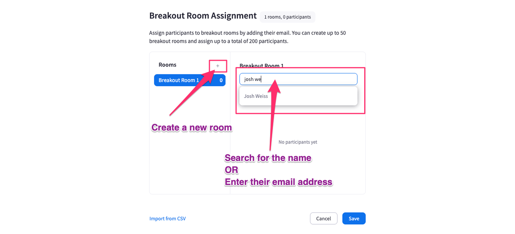 Screenshot of the Zoom website with options for Creating a New Room and adding users to it highlighted.