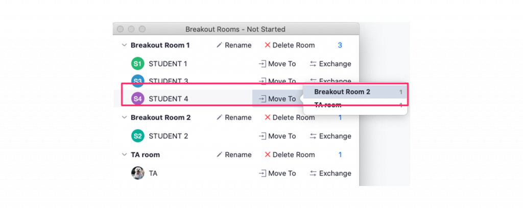 Screenshot of the Zoom interface showing how to move participants to specific breakout rooms