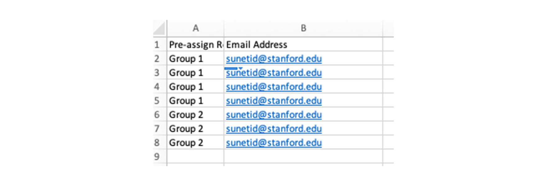 Screenshot of a CSV with rows for each user and columns listing the group and user email.