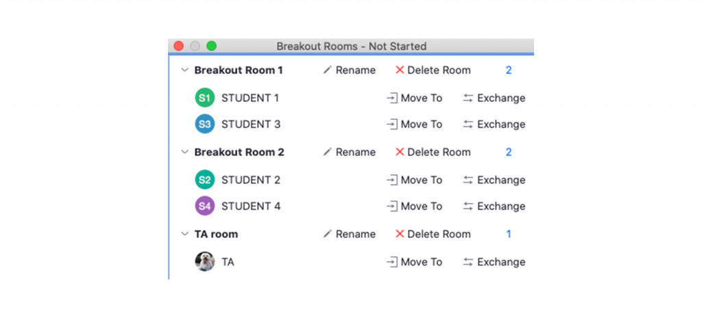 Screenshot of the Zoom interface showing breakout room configurations