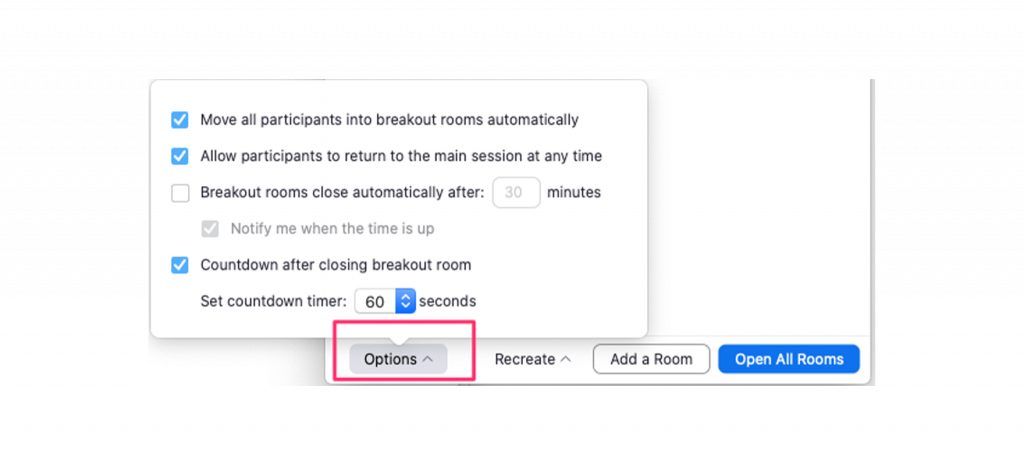 Screenshot of the Zoom interface showing which options can be changed for breakout rooms.