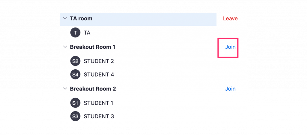Screenshot of the Zoom interface highlighting how to Join a breakout room