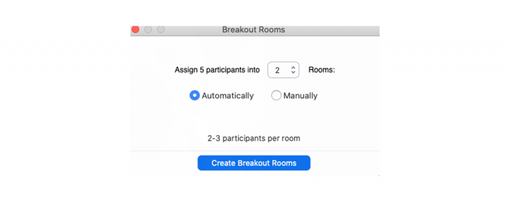 Screenshot of the Zoom interface showing the Breakout Rooms popup