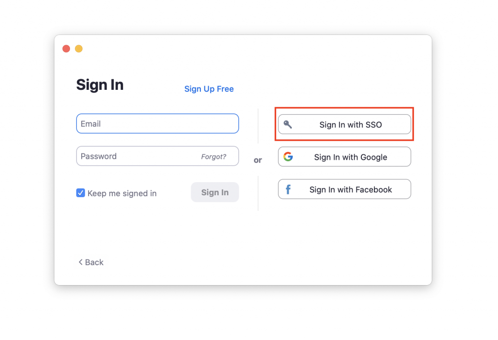 Screenshot of the Zoom sign in options screen.