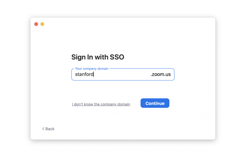 Screenshot of the Zoom sign in with SSO option, with 'stanford' filled in.